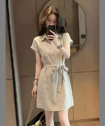 여름 새로운 한 스타일 캐주얼 바람 폴로 칼라 반팔 셔츠 드레스 여성 의류 허리 수축 한 마디 드레스 고급 센스 티셔츠 치마