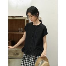 批发黛墨素影天丝麻暗纹木耳边对丝打条工艺连肩袖衬衫<b class='q'>夏</b>