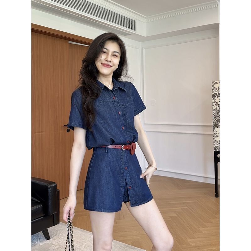 전체 집합 ootd 착용 가져 가라. 세트 여성 여름 새로운 캐주얼 레트로 반팔 셔츠 하이웨이스트 치마바지 투피스 슈트