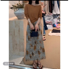 批发夏季新款美式复古斜肩<b class='q'>长袖</b>T恤女宽松防晒上衣显瘦A字半身裙<b class='q'>两件套</b>