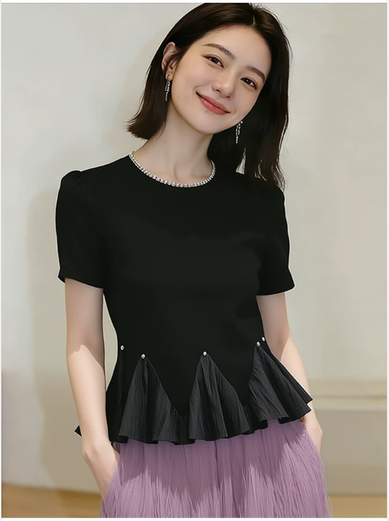 검정색 무거운 작업 프릴 패치워크 맨위 여성 여름 고유 한 아름다운 자이언트 잘 생긴 디자인 센스 긍정적 인 어깨 반팔