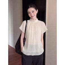 批发2026夏季大码法式高级感褶皱高领短袖上衣女杏色百搭减龄气质<b class='q'>小衫</b>