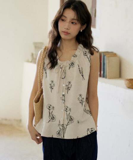 면 린넨 자수 민소매 여성 셔츠 여름 프릴 펌프 Pleat 레이스업 루즈핏 슬림해 보이는 휴가 바람 맨위