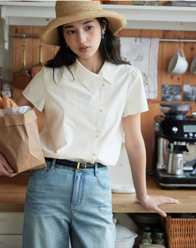 프랑스식 레트로 주름 센스 비대칭 여성 셔츠 여름 반팔 셔츠