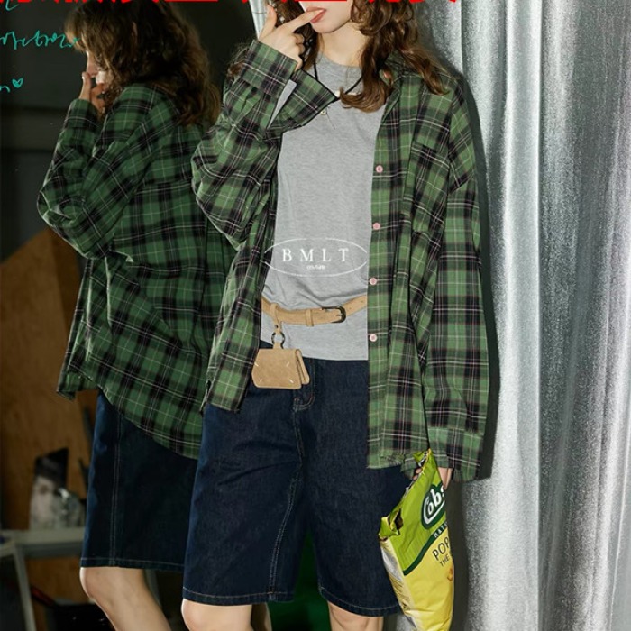 찾는 중 차 돌아 가기 한 부서 녹색 그리드 코튼 배색 캐주얼 루즈핏 폴로 칼라 여성 셔츠 다용도 맨위 가을