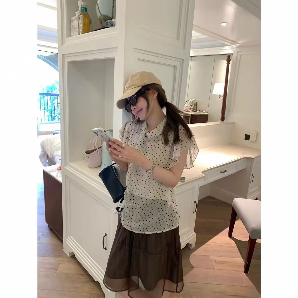 구멍 사실 귀 찮 나 올리브 요리 한 시간 도트 무늬 쉬폰 블라우스 한 부서 세트 여성 작은 셔츠 슬립 맨위 투피스 세트