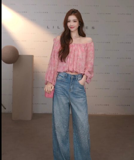 분말 안개 헤일로 염색 오프숄더 거품 소매 쉬폰 톱 잠금 해제 부드러운 순수한 욕망 분위기 센스