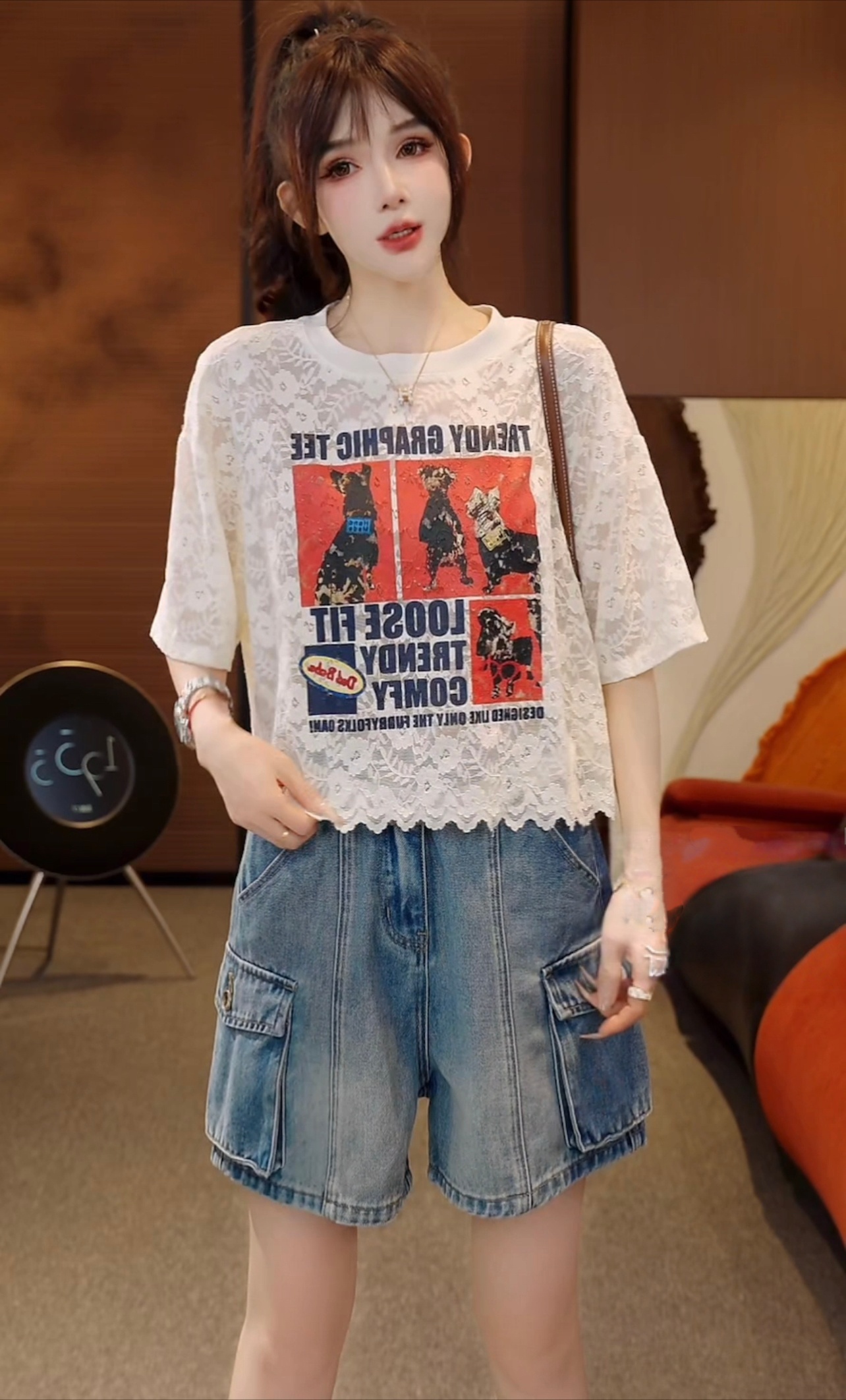 레이스 멩 애완 동물 여름 패션 높음 세트 자수 레이스 편안함 반팔 티셔츠 맨위
