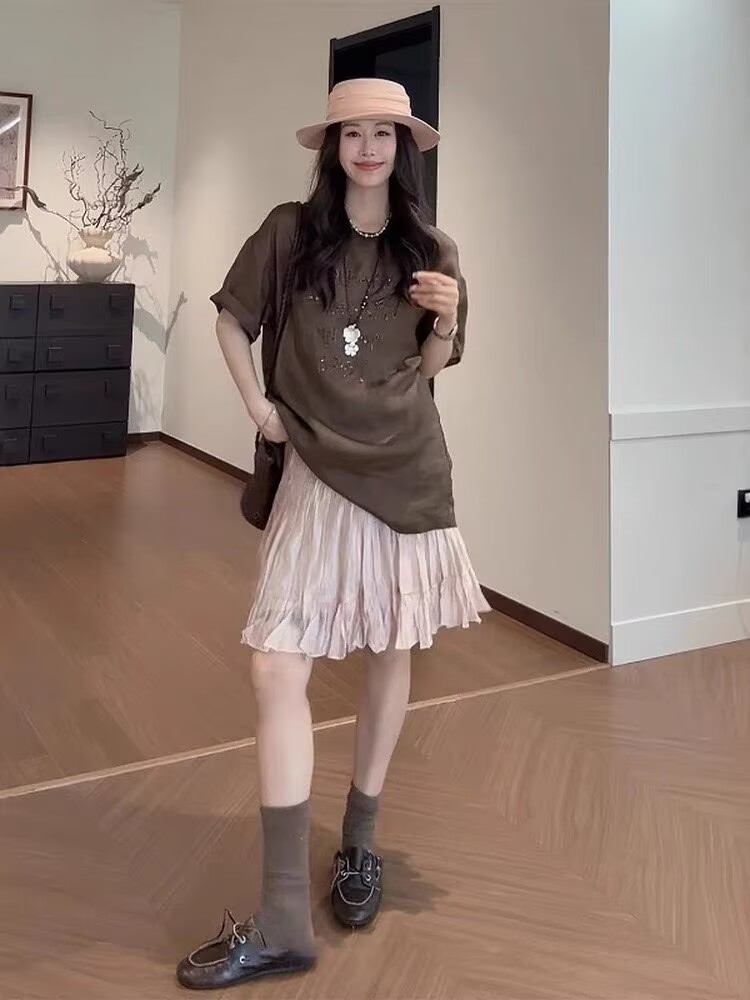 한 부서 느긋한 바람 캐주얼 세트 여성 여름 루즈핏 프린트 반팔 티셔츠 쇼트 스타일 핑크색 반신 스커트 투피스 세트