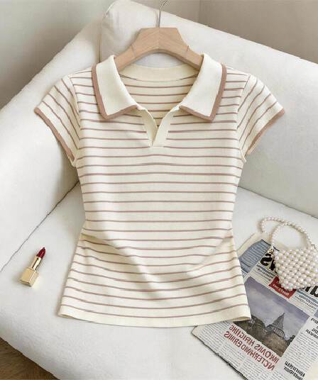 한 부서 스트라이프 POLO 칼라 반팔 티셔츠 여성 여름 2026 새로운 외국 가스 세련된 슬림해 보이는 캐주얼 다용도 맨위