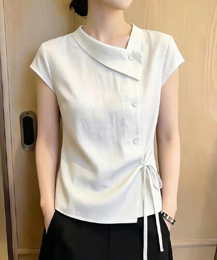불규칙 레이스업 비스듬한 칼라 반팔 여성 셔츠 여름 새로운 디자인 센스 슬림해 보이는 다용도 셔츠 품격 맨위