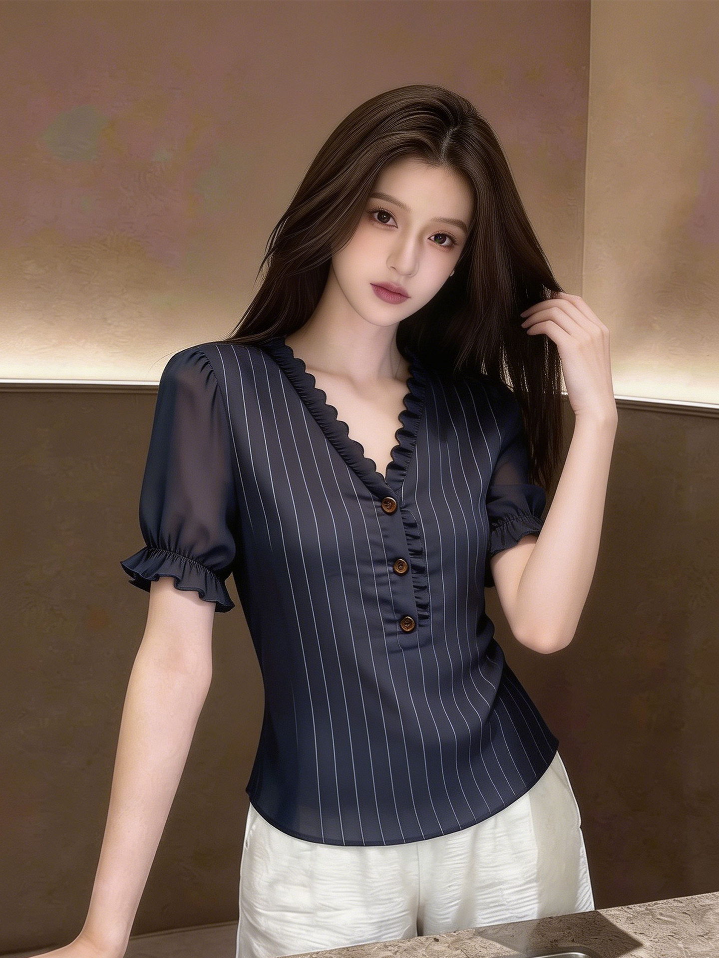 프랑스식 디자인 센스 V넥 스트라이프 반팔 여성 셔츠 2026 년 여름 새로운 프릴 단추 캐주얼 맨위
