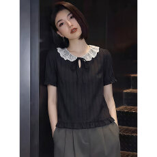 批发法式<b class='q'>娃娃领</b>短袖衬衫女装装夏2026黑色木耳边系带减龄显瘦小众<b class='q'>上衣</b>