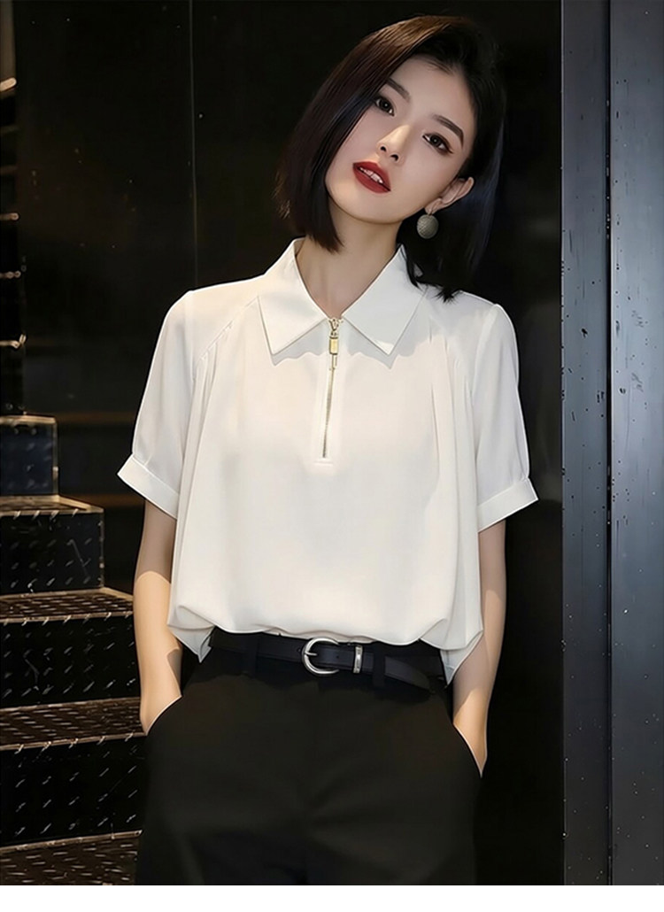 출퇴근 패션 POLO 칼라 여성 셔츠 여름 2026 년 새로운 미니멀리즘 반팔 맨위 품격 고급 센스 셔츠