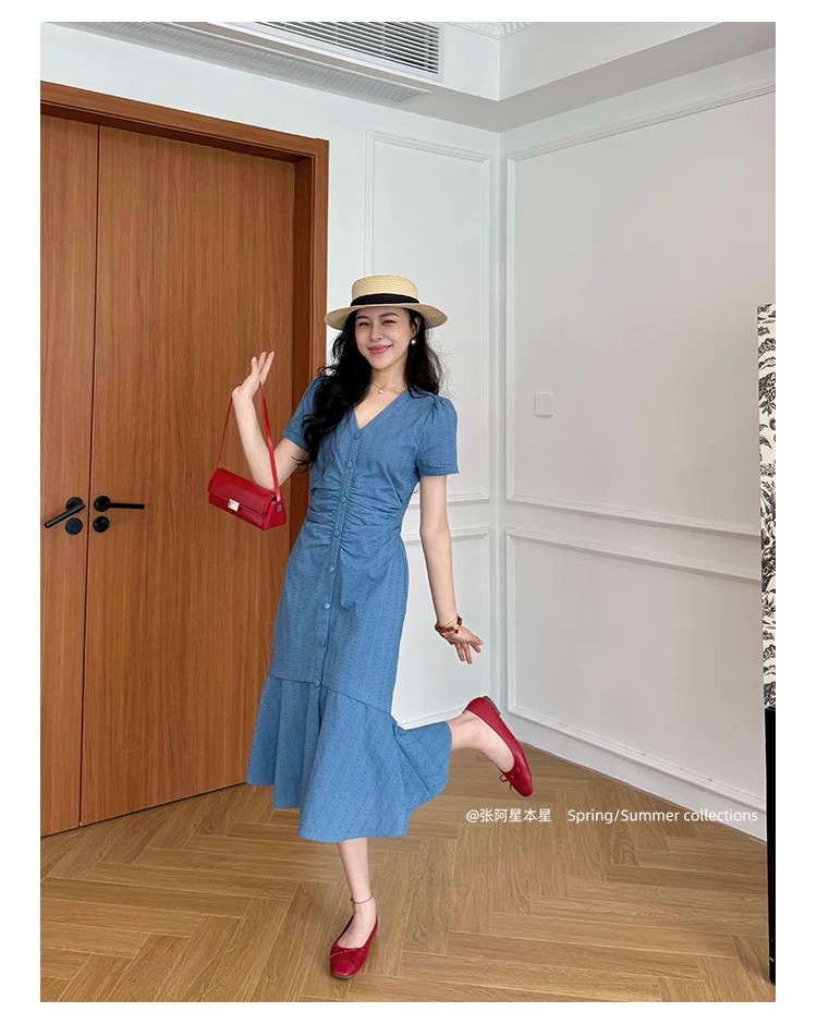 장 A 스타 흰 치마 남자 여름 프랑스식 낭만주의 바람 V넥 프릴 치마 품격 슬림해 보이는 허리 수축 드레스