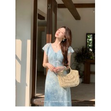 批发云樱轻袖度假风橘粉色碎花<b class='q'>连衣裙</b>女春夏小飞袖法式长裙