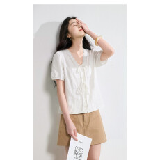 批发2026夏季<b class='q'>新款</b>花边V领短袖白色衬衫衬衣修身上衣<b class='q'>小衫</b>短款女
