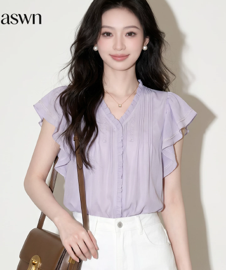 보라색 V넥 쉬폰 여성 셔츠 여름 2026 새로운 프랑스식 사소한 아름다운 Chic 매우 요정 ~ 중 작은 날다 소매 맨위