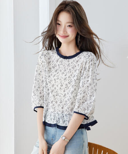 프랑스식 부드러운 바람 프릴 꽃무늬 여성 셔츠 2026 새로운 7부 소매 셔츠 연령 감소 슬림해 보이는 외국 가스 맨위