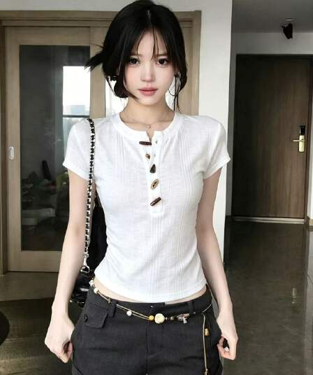 대나무 마디 면 질감 센스 소뿔 버클 반팔 티셔츠 여성 작은 키 몸매 가꾸기 슬림해 보이는 다용도 인사이드 잡아라. 의류 여름