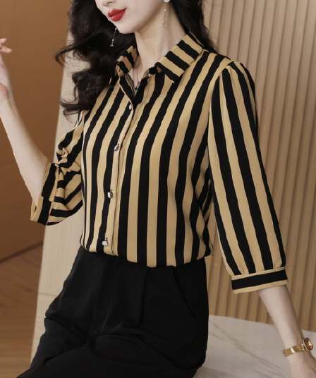 폴로 칼라 스트라이프 쉬폰 여성 셔츠 7부 소매 2025 봄 여름 얇은 스타일 품격 패션 경력 루즈핏 슬림해 보이는 셔츠