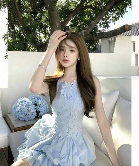 q 여자 집 6 10 떠 다니는 꽃 블루 黛 무거운 작업 3 차원 꽃 바다 소금 블루 해체 패치워크 민소매 몸매 가꾸기 꽃밭 드레스
