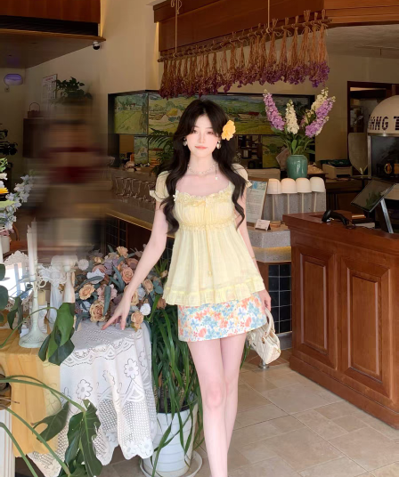 6 15 20 00 신제품 제한된 시간 9 접기 햇빛 바 필리핀 활력 광장 칼라 꽃무늬 하이웨이스트 반 스커트 세트