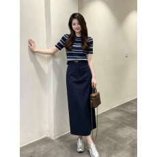 批发淡人高知穿搭一整套夏季新款<b class='q'>条纹</b>针织短袖高腰显瘦半身长裙套装女