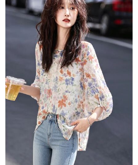 레트로 캐주얼 얇은 스타일 작은 셔츠 26 여름 패션 외국 가스 꽃무늬 중간 소매 풀오버 셔츠