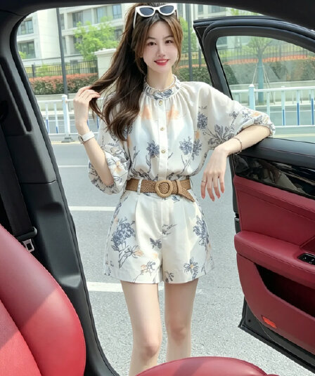 여름 드레스 코디 전체 집합 빛 럭셔리 고급 센스 표지 고기 슬림해 보이는 프린트 자외선 차단 쉬폰 셔츠 반바지 투피스 슈트