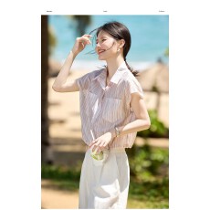 批发设计感条纹翻领<b class='q'>衬衫</b>26年夏新宽松百搭舒适减龄通勤上衣