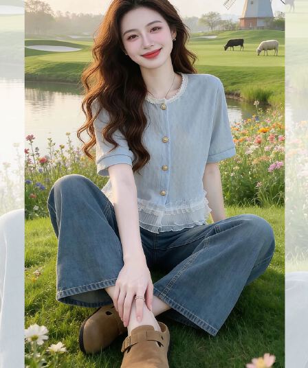 파란색 라운드 넥 프릴 패치워크 단추 반팔 티셔츠 여성 2026 여름 고유 한 작은 대중 슈퍼 화재 연령 감소 맨위