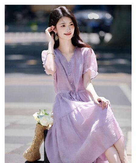 우아함 품격 진주 레이스업 주름 칼라 단색 치마 여성용 짧은 소매 2026 여름 새로운 보라색 V넥 드레스