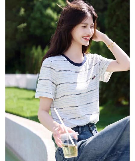 배색 연령 감소 캐주얼 작은 셔츠 26 여름 패션 품격 라운드 넥 외국 가스 반팔 스트라이프 티셔츠