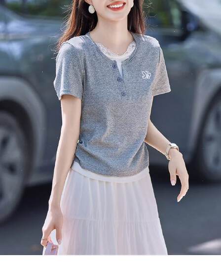 쇼트 스타일 레이스 칼라 반팔 패치워크 티셔츠 2026 여름 새로운 몸매 가꾸기 슬림해 보이는 다용도 자수 맨위 작은 키