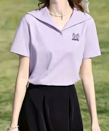 레트로 해군 칼라 자수 반팔 티셔츠 여성 2026 여름 새로운 품격 출퇴근 캐주얼 다용도 슬림해 보이는 맨위