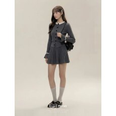 批发小香风氛围高级感灰色针织开衫毛衣短裙子女秋<b class='q'>冬</b>富家千金穿搭套装