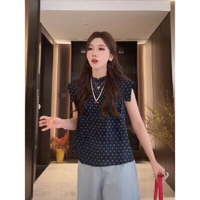 Cypress 눈 추천 아침 바람 여름 새로운 작은 샤넬 스타일 라미 도트 무늬 통기성 연령 감소 반팔 티셔츠 맨위 여성