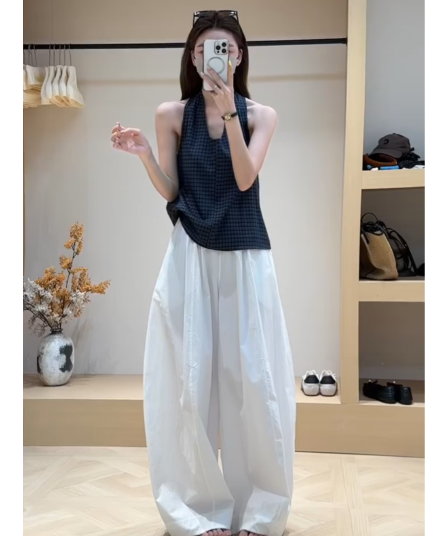 핫걸 바람 체크무늬 행침 목 백리스 민소매 맨위 여성 루즈핏 슬림해 보이는 넓은 다리 캐주얼 바지 세트
