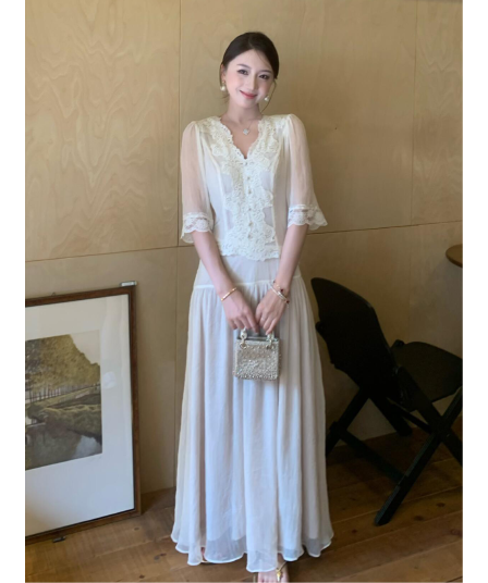 정가 프랑스식 낭만주의 바람 레이스 자수 V넥 허리 수축 맨위 여성 하이웨이스트 한 마디 망사 반신 스커트 세트