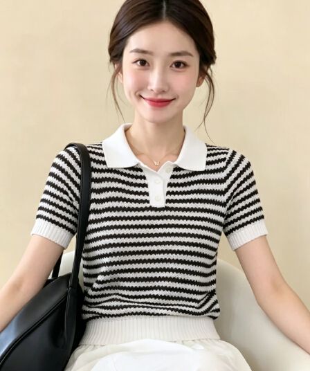 아메리칸 레트로 배색 스트라이프 POLO 칼라 니트 반팔 티셔츠 여성 작은 대중 여름 몸매 가꾸기 슬림해 보이는 긍정적 인 어깨 의류