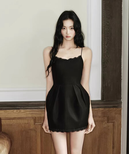 avenement 레이스 슬립 꽃밭 치마 허리 수축 드레스 미니 스커트 검정색 치마 작은 검은 드레스 여성 여름
