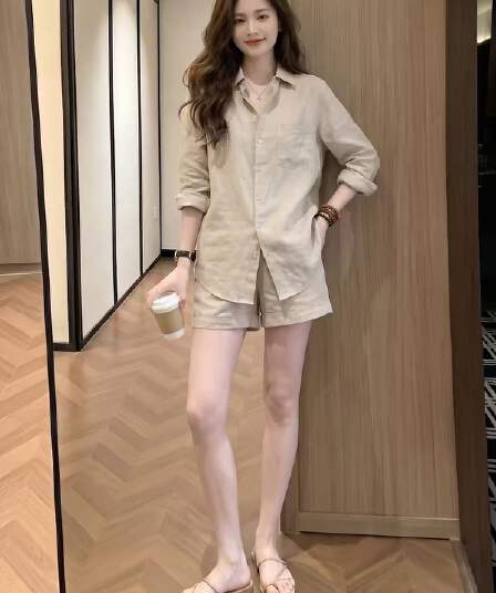 면 린넨 여성 오래된 돈 바람 착용 가져 가라. 고급 센스 세트 여름 자외선 차단 느긋한 레트로 아마 셔츠 반바지 투피스 세트
