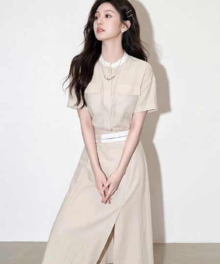 출퇴근 바람 스탠드 칼라 더블 주머니 반팔 셔츠 하이웨이스트 반신 스커트 허리 수축 배색 벨트 숙련 된 투피스 슈트