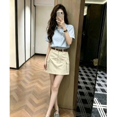 批发淡人高知穿搭一整套夏季浅蓝短袖衬衫半身裙<b class='q'>两件套</b>2026巨好看新款