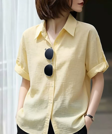 한 부서 chic 황색 폴로 칼라 반팔 여성 셔츠 2026 여름 새로운 루즈핏 캐주얼 출퇴근 다용도 맨위