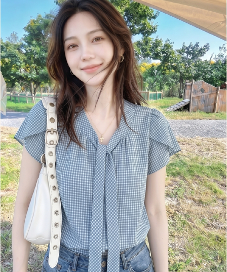 프랑스식 체크무늬 리본 디자인 센스 품격 반팔 여성 2026 여름 새로운 루즈핏 슬림해 보이는 연령 감소 맨위