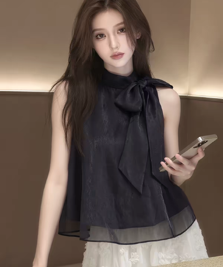 한 부서 부드러운 2026 여름 패션 검정색 새로운 한국 스타일 다용도 품격 레이스업 민소매 셔츠 여성 셔츠 트렌디