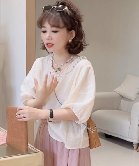 프릴 라운드 넥 마 재료 셔츠 여름 슬림해 보이는 다용도