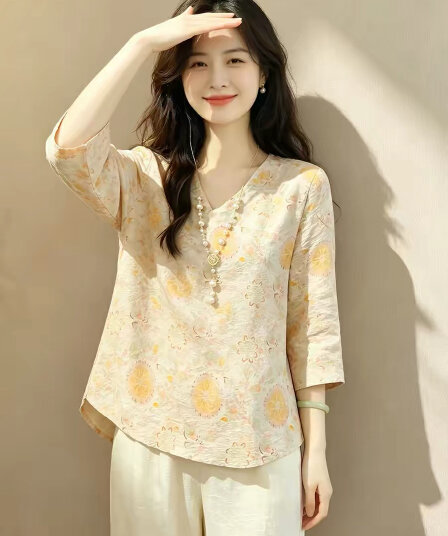 우아함 캐주얼 긴팔 2026 중식 전원 바람 프린트 여성 셔츠 여름 V넥 7부 소매 루즈핏 연령 감소 맨위